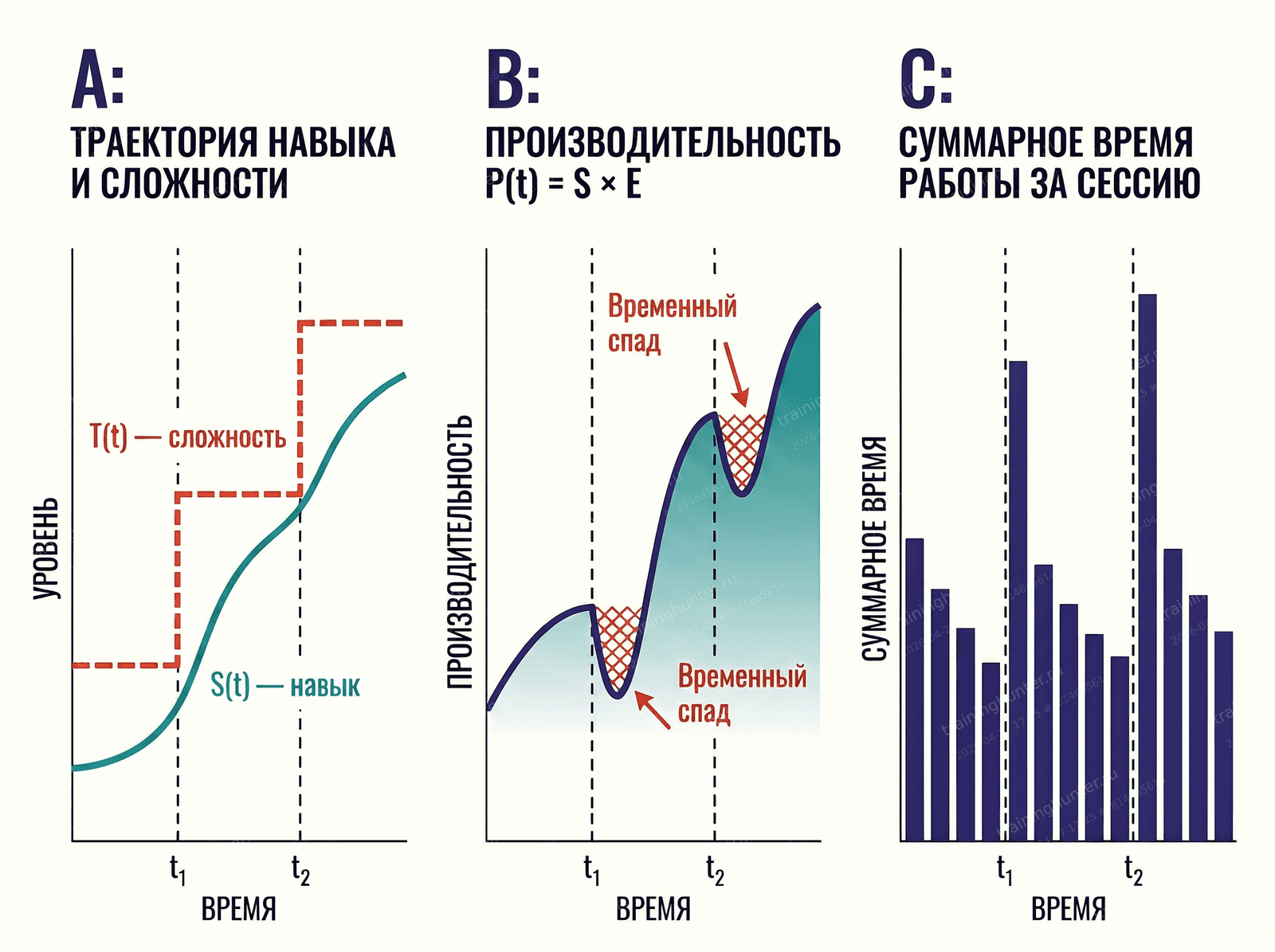 Панель A: ступенчатая T(t) и догоняющая ее S(t). Панель B: производительность P(t) с провалами после каждого скачка T и последующим ростом выше прежнего пика. Панель C: суммарное время работы — падает на плато и резко во