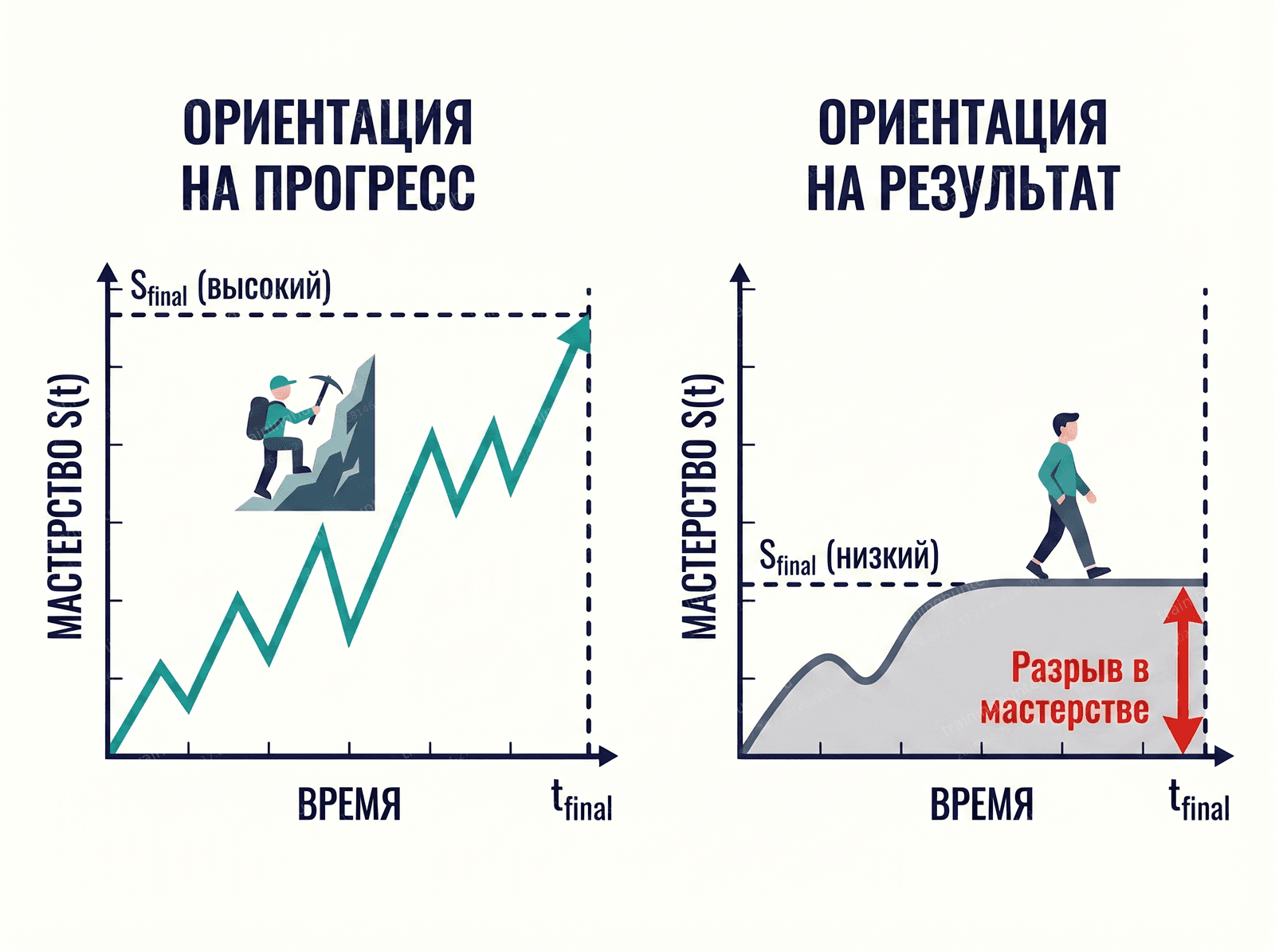 Два графика рядом. Слева «Ориентация на прогресс»: зубчатая кривая, высокий финальный уровень S. Иконка альпиниста. Справа «Ориентация на результат»: гладкая кривая, раннее и низкое плато. Иконка человека на ровном плато